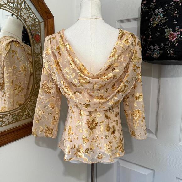 Vintage Y2K MSK Golden Yellow Metallic Floral Draped 3/4 Sleeve Fairycore Top - Picture 5 of 8